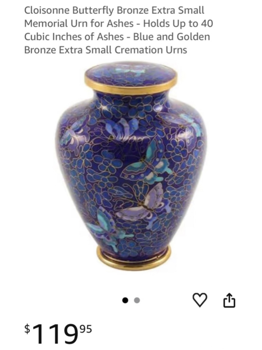 Blue Gold Cloisonne Butterfly Memorial Urn Small - Picture 2 of 16